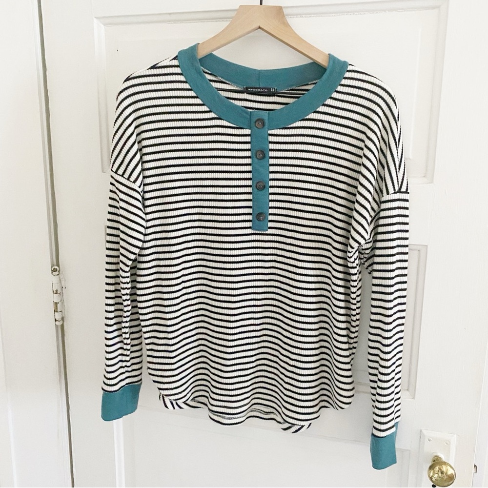 staccato black and white striped thermal long sleeve t-shirt